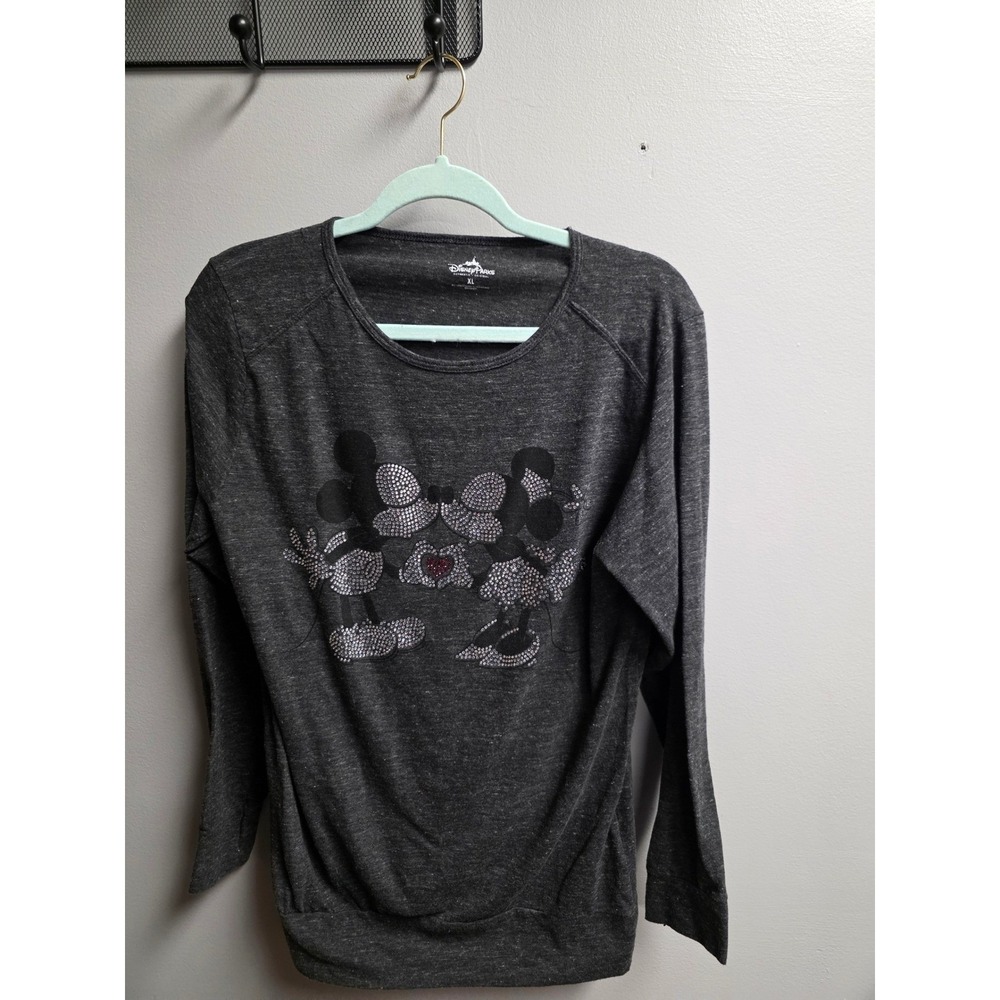 Disney Parks Mickey Minnie Mouse Rhinestone Heart Long Sleeve Shirt Gray XL
